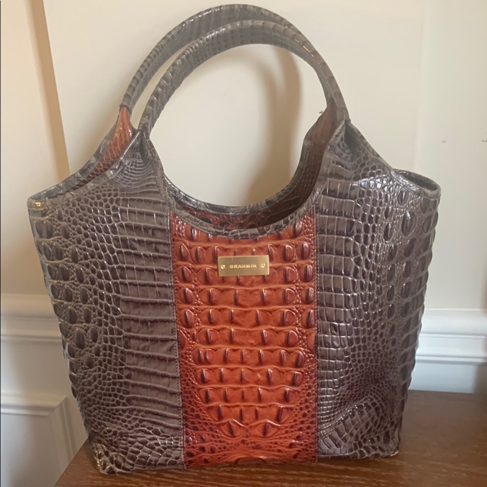 Brahmin Dark Brown Croc Textured Leather w/ Suede Interior. NWOT. Never Used.